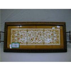 Victorian wooden decanter stand set with three early Victorian flower tiles in good condition.