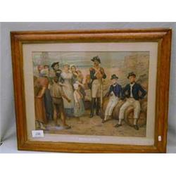 Victorian framed coloured print in a birdseye maple frame 'Prisoners of War'.