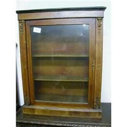 Late Victorian mahogany glazed door cupboard with brass mounts and inlay.
