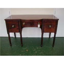 Georgian mahogany sideboard with serpentine front, on turned legs, 54" wide.