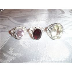 3 Custom Sterling Silver Ladies Rings W/Crystals, Approx. 30 Grams Silver