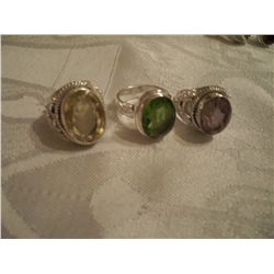 3 Custom Sterling Silver Ladies Rings W/Crystals, Approx. 30 Grams Silver