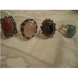 4 Custom Sterling Silver Ladies Rings W/Gemstones, Approx. 40 Grams Silver