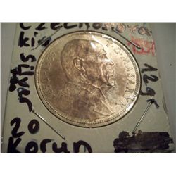 CZECHOSLOVAKIA 20 KORUN 1937 CHOICE UNCIRC SILVER COIN, 70% SILVER