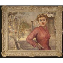 Pal Fried Original Painting Street Scene Woman Purple