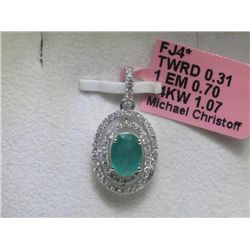 Emerald and .31 Carat Diamonds 14K White Gold Pendant