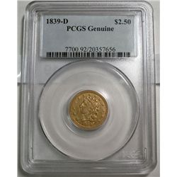 1839D 9/8  $2 1/2 GOLD  PCGS GENUINE  would grade  VF