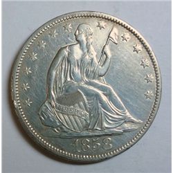 1858  Seated half $  clnd AU--worth strong XF money