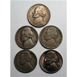 Jefferson Nickel Lot: 1939-D Gem BU, 1939-D VF, 1939-S VF, 1950-D F,