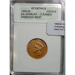 1858 $3 GOLD  ANACS  EF details ex jewelry-clnd-dmgd-bent