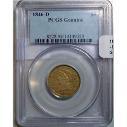 1846D   $5 GOLD  PCGS GENUINE