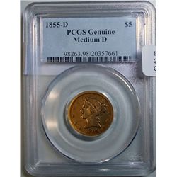 1855D med D  $5 GOLD  PCGS Genuine