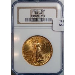 1924 $20 Saint Gaudens Gold  NGC64