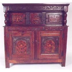 A  JOINED OAK AND MARQUETRY COURT CUPBOARD,