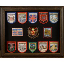 13 FRAMED BRITISH COMMONWEALTH PATCHES GOLD & SILVER