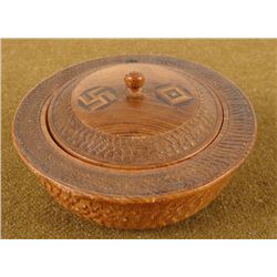 HAND CARVED NAZI WOOD JAR-SWASTIKA INLAID TOP WWII ERA