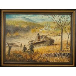 VINTAGE OIL PAINTING OF WWII RUSSIA W/ NAZI PANZER TANK
