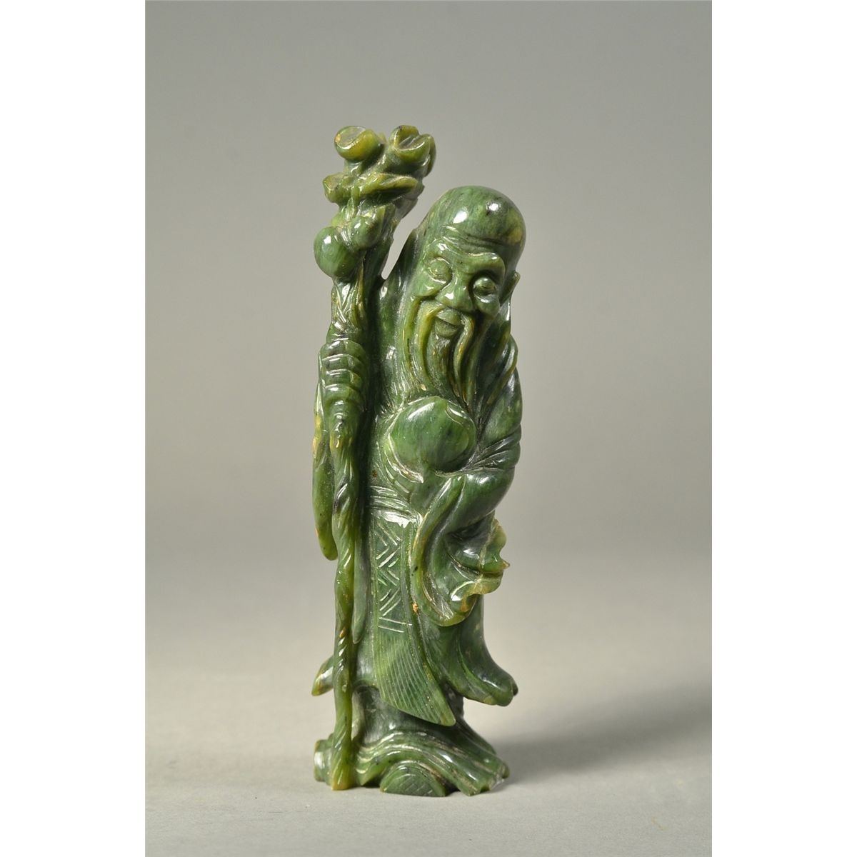 Carved Chinese Spinach Green Jade Figure Shoulao