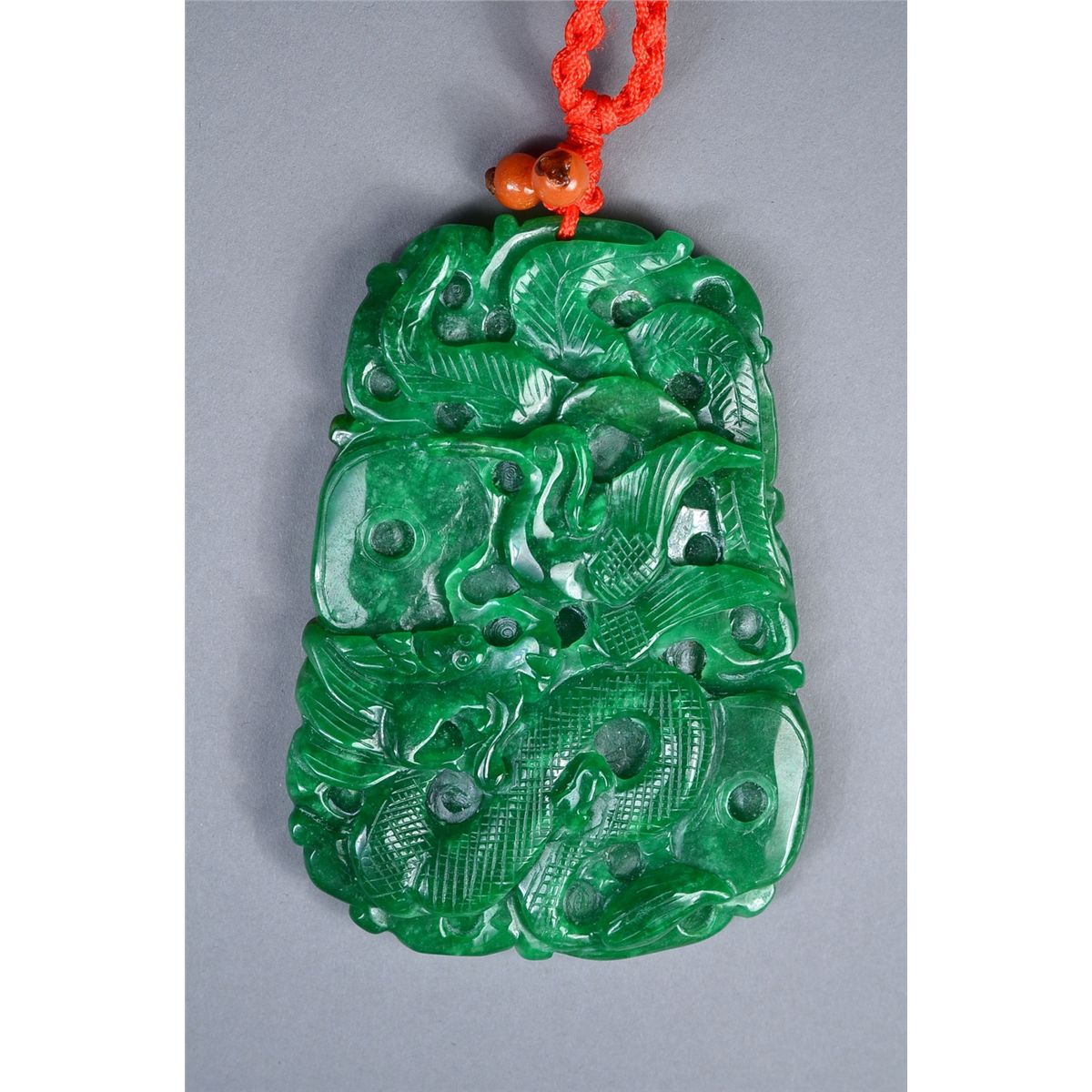 Chinese Carved Green Jade Phoenix & Dragon Pendant