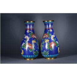 Pair Chinese Cloisonne Lotus Vases