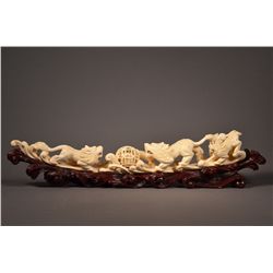 Openwork Carved Ivory Tusk: 3 Lions & Puzzle Ball