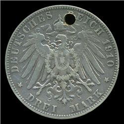 1910 Germany Saxony 3 Mark Rare Hi Grade Holed (COI-5244)