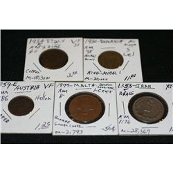 Five International Coins from Iran, Romania, Italy, Austria, & Malta