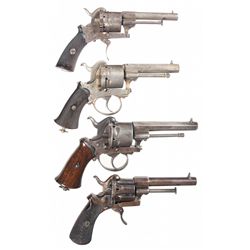 Four Antique Double Action Pinfire Revolvers -A) Engraved Belgian Double Action Pinfire Revolver