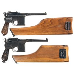 Two Mauser Broomhandle Semi-Automatic Pistols with Shoulder Stocks -A) Mauser 1930 Broomhandle Small