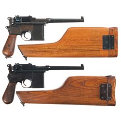 Two Mauser Broomhandle Semi-Automatic Pistols with Shoulder Stocks -A) 1896 Mauser Broomhandle Small