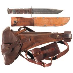 Artillery Luger Holster Rig and One Ka-Bar Bowie Knife with Sheath