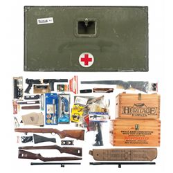 Five Wooden crates and a Large Grouping of Gun Parts and Accessories