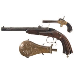 Two Single Shot Pistols and a Powder Flask -A) American Standard Tool Co. Hero Single Shot Percussio