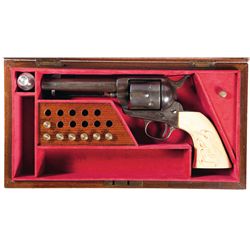 Cased Antique Colt Single Action Army Revolver with Eagle Carved Ivory Grips