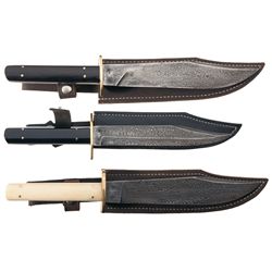 Three Sheffield Production Damascus Bowie Knives with Sheaths
