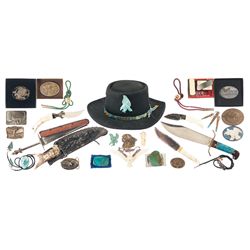 Collection of Belt Buckles, Turquoise Jewelry, Knives, and Related Items