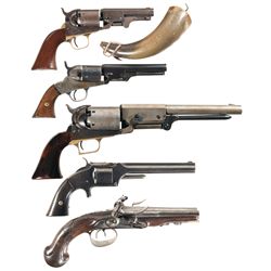 Five Antique Revolvers -A) Manhattan Arms 36 Caliber Percussion Revolver with Powder Horn