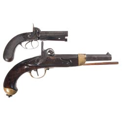 Two European Percussion Pistols -A) London Production Double Barrel Percussion Pistol