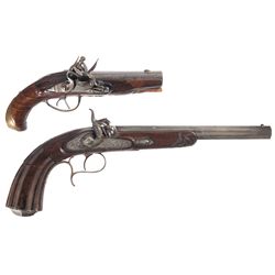 Two Antique Pistols -A) Unmarked Double Barrel Flintlock Pistol