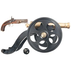 Two Handguns and One Signal Cannon with Large Grouping of Boxed Ammunition -A) European Damascus Bar