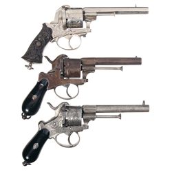Three Double Action Pinfire Revolvers -A) Unmarked Engraved Double Action Pinfire Revolver