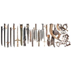 Grouping of Edged Weapons with Miscellaneous Items Including Powder Horns and Antique Handcuffs