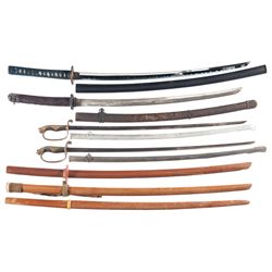 Four Japanese-Style Swords and Three Wooden Training Swords