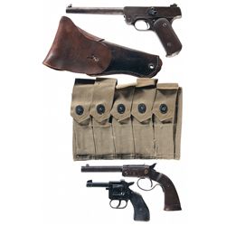Three Handguns -A) Stevens No. 10 Target Semi-Automatic Pistol with Holster and Magazine Pouch