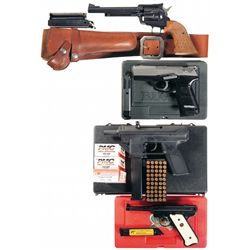 Four Handguns -A) Ruger New Model Blackhawk Single Action Revolver and Holster