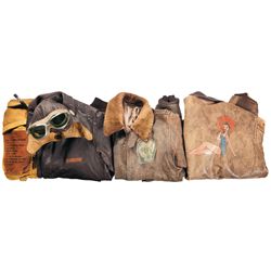 Three Flight Jackets, Life Vest, and Leather Flight Helmet