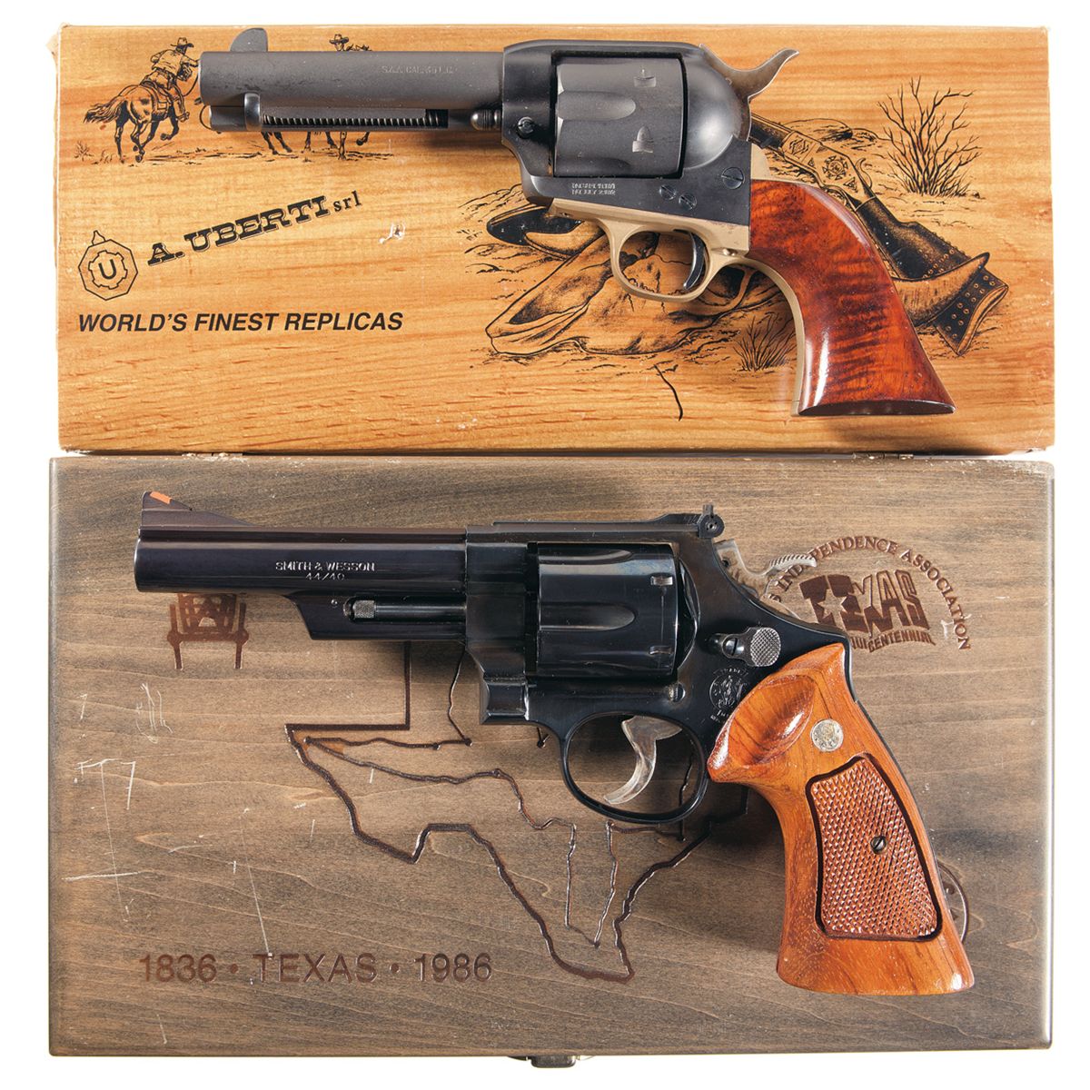 Arcade Revolver Two Boxed Revolvers and a Tabletop Arcade Game -A) Uberti Cattleman ...