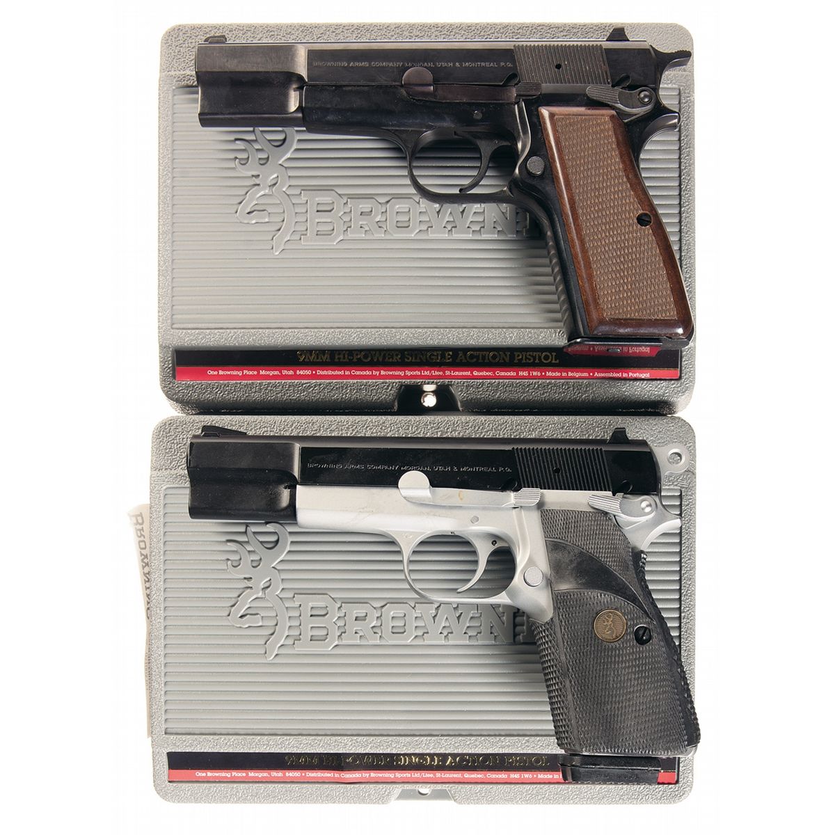 Two Browning HiPower Single Action SemiAutomatic Pistols with Cases