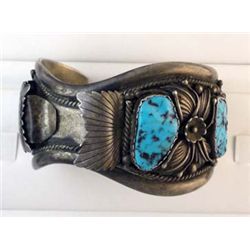 Signed Vintage Native American Turquoise & Silver Cuff