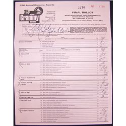Johnny Cash Hand-Signed 35th Grammy Awards Ballot.